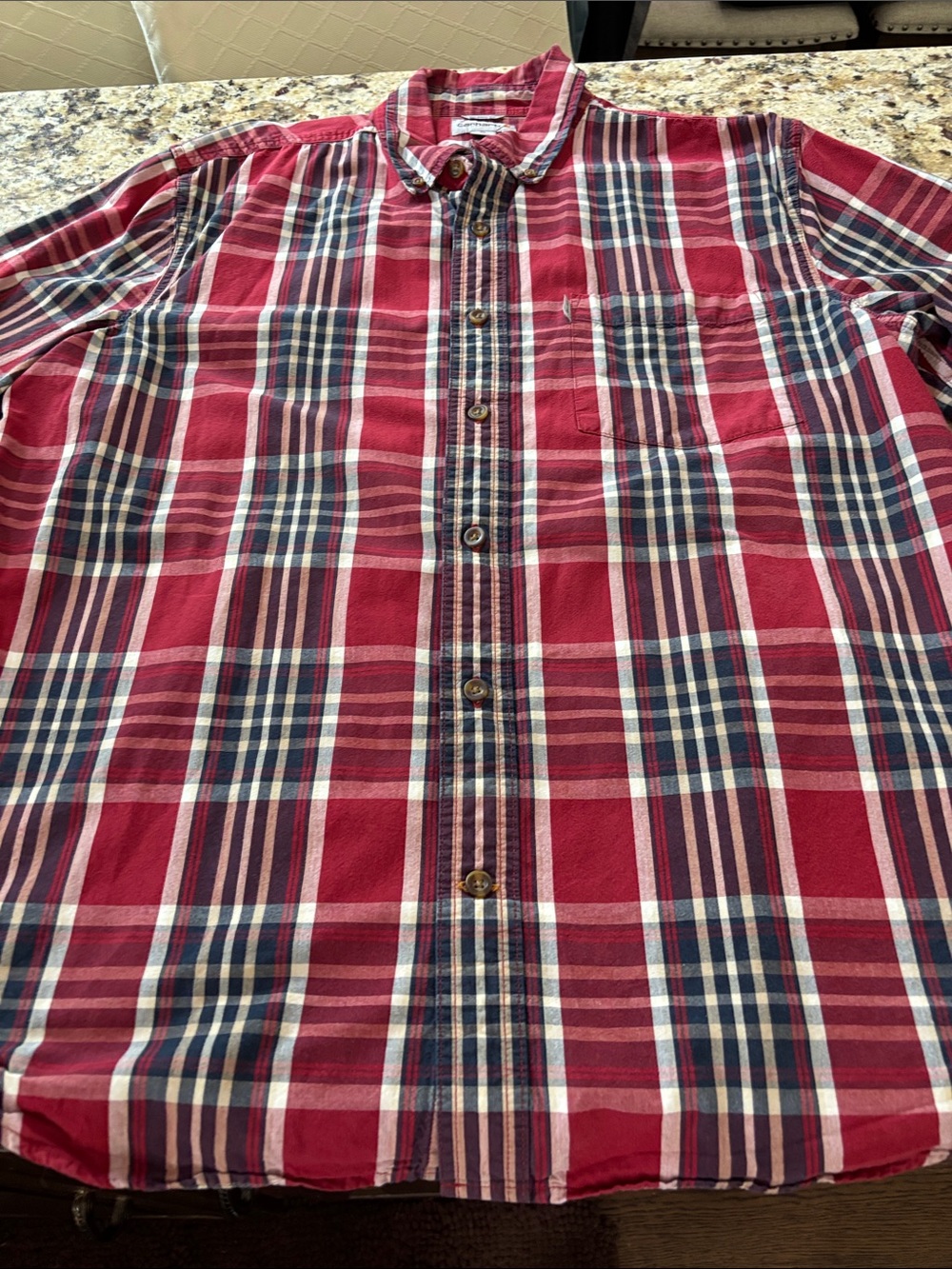 Carhartt Men's Red and Navy Plaid Button-Down Shirt